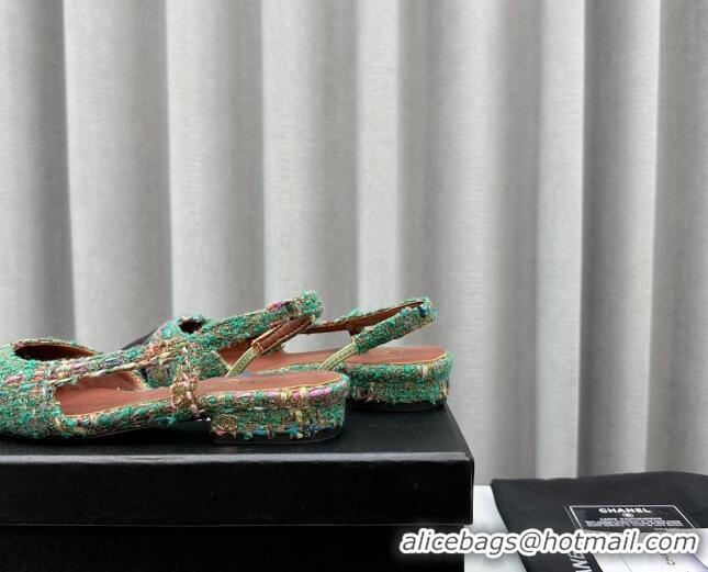 Charming Chanel Tweed & Leather Slingbacks Flat Green 103050