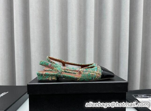 Charming Chanel Tweed & Leather Slingbacks Flat Green 103050