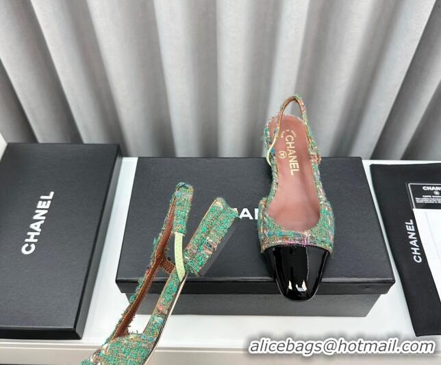 Charming Chanel Tweed & Leather Slingbacks Flat Green 103050