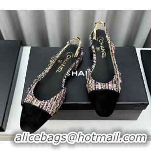 Stylish Chanel Tweed & Grosgrain Slingbacks Flat Black 103051