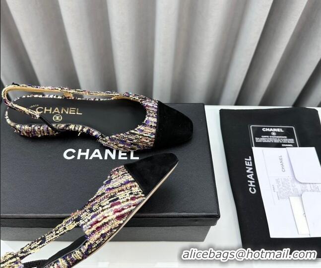 Stylish Chanel Tweed & Grosgrain Slingbacks Flat Black 103051