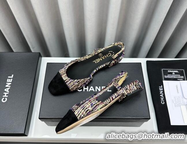 Stylish Chanel Tweed & Grosgrain Slingbacks Flat Black 103051