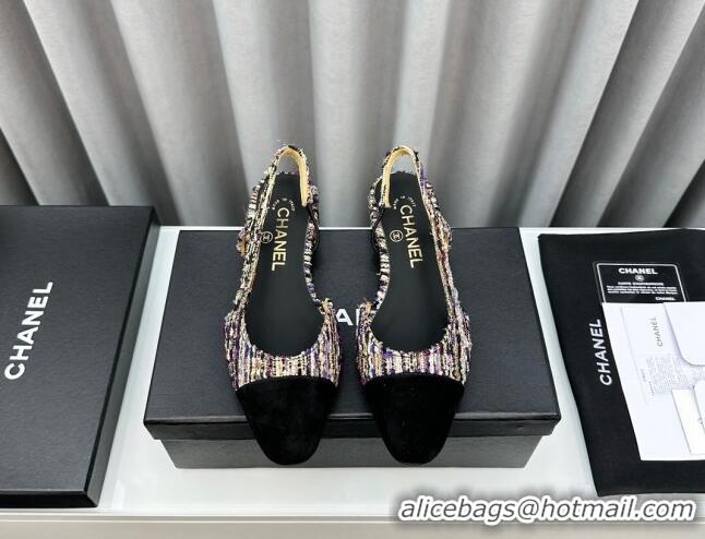 Stylish Chanel Tweed & Grosgrain Slingbacks Flat Black 103051