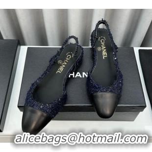 Stylish Chanel Tweed & Leather Slingbacks Flat Dark Blue/Black 103052