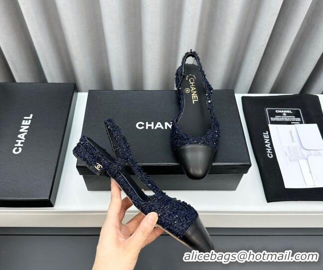 Stylish Chanel Tweed & Leather Slingbacks Flat Dark Blue/Black 103052