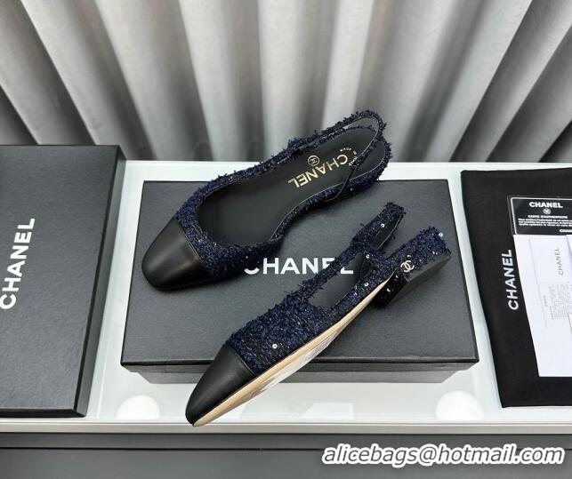 Stylish Chanel Tweed & Leather Slingbacks Flat Dark Blue/Black 103052