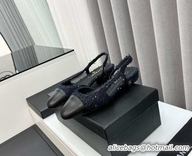 Stylish Chanel Tweed & Leather Slingbacks Flat Dark Blue/Black 103052