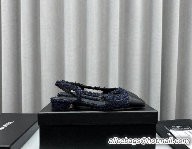 Stylish Chanel Tweed & Leather Slingbacks Flat Dark Blue/Black 103052