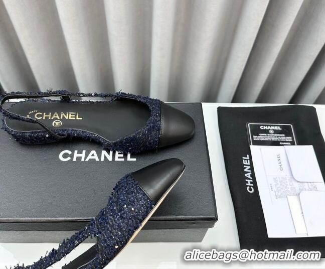 Stylish Chanel Tweed & Leather Slingbacks Flat Dark Blue/Black 103052