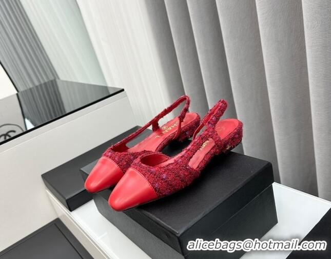 Buy Luxury Chanel Tweed & Leather Slingbacks Flat Red 103054