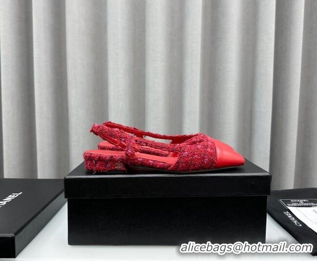 Buy Luxury Chanel Tweed & Leather Slingbacks Flat Red 103054