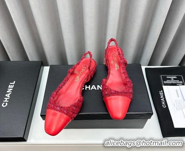 Buy Luxury Chanel Tweed & Leather Slingbacks Flat Red 103054