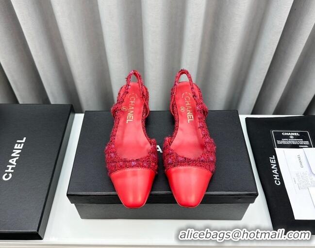 Buy Luxury Chanel Tweed & Leather Slingbacks Flat Red 103054