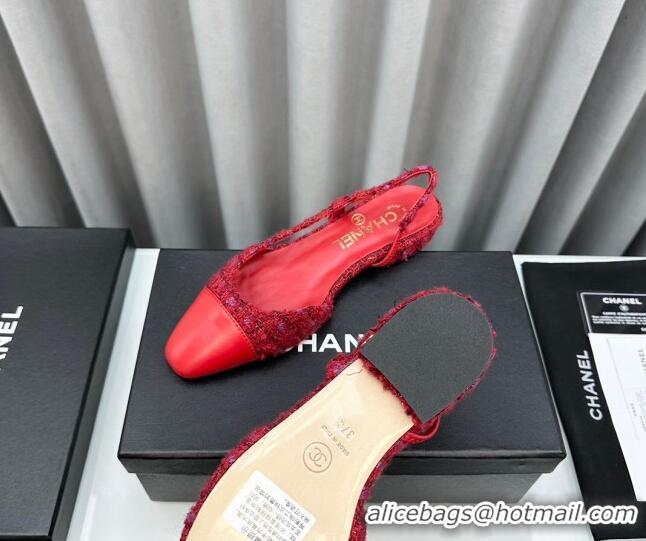 Buy Luxury Chanel Tweed & Leather Slingbacks Flat Red 103054