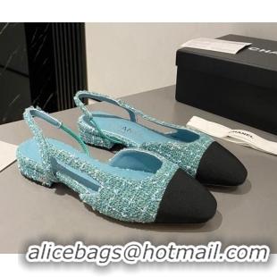 Best Product Chanel Tweed & Grosgrain Slingbacks Flat Light Blue/Black 103058