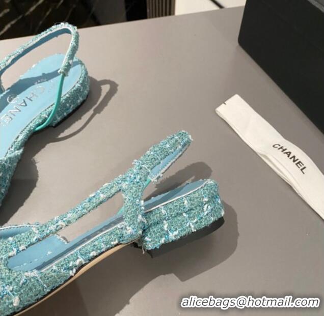 Best Product Chanel Tweed & Grosgrain Slingbacks Flat Light Blue/Black 103058