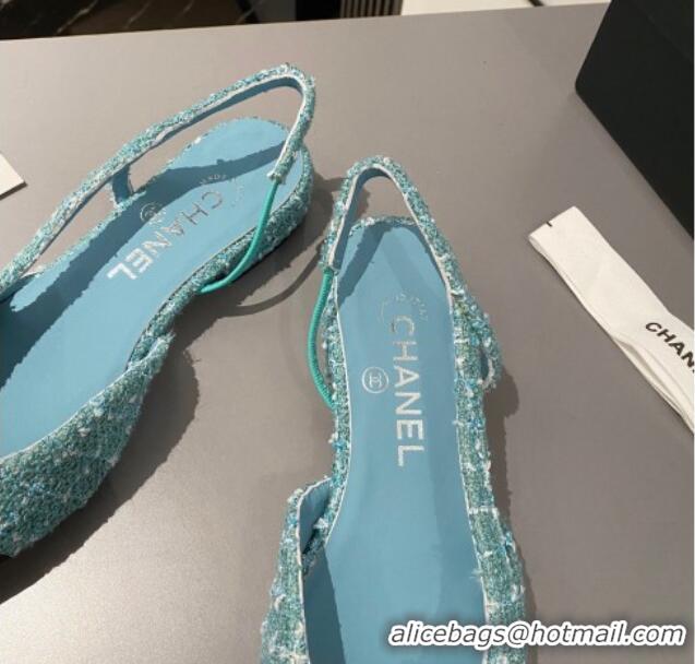 Best Product Chanel Tweed & Grosgrain Slingbacks Flat Light Blue/Black 103058