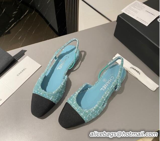 Best Product Chanel Tweed & Grosgrain Slingbacks Flat Light Blue/Black 103058