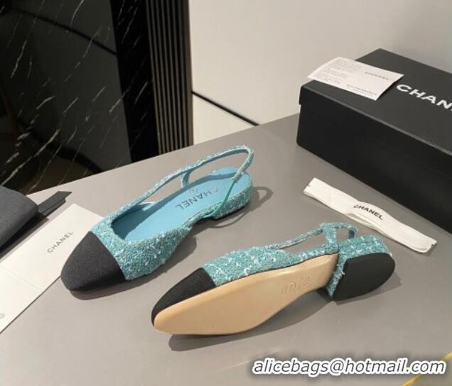 Best Product Chanel Tweed & Grosgrain Slingbacks Flat Light Blue/Black 103058