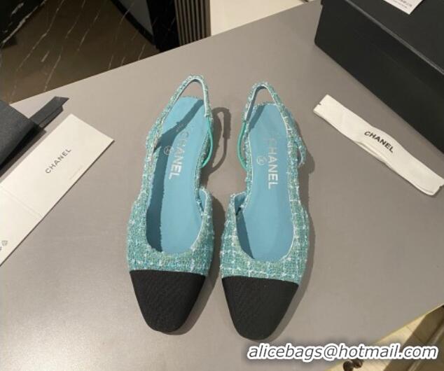 Best Product Chanel Tweed & Grosgrain Slingbacks Flat Light Blue/Black 103058