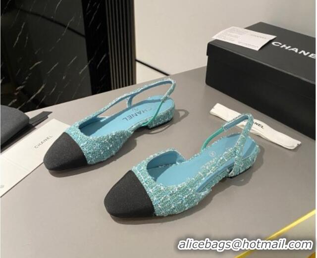 Best Product Chanel Tweed & Grosgrain Slingbacks Flat Light Blue/Black 103058