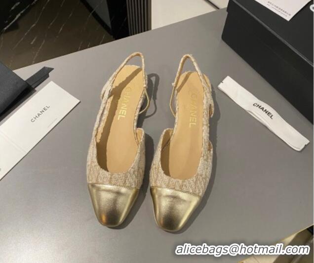 Unique Style Chanel Tweed & Metallic Leather Slingbacks Flat Beige/Gold 103056