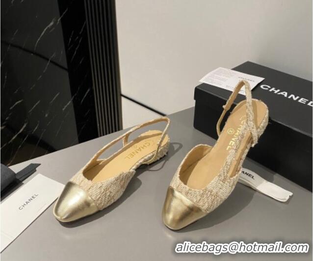 Unique Style Chanel Tweed & Metallic Leather Slingbacks Flat Beige/Gold 103056