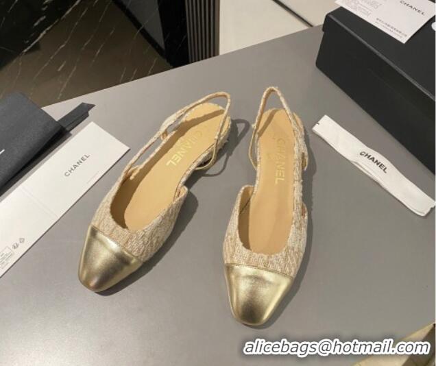 Unique Style Chanel Tweed & Metallic Leather Slingbacks Flat Beige/Gold 103056