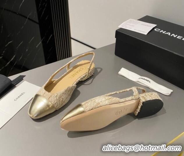 Unique Style Chanel Tweed & Metallic Leather Slingbacks Flat Beige/Gold 103056