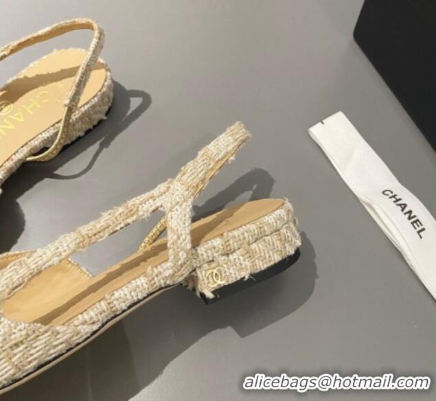 Unique Style Chanel Tweed & Metallic Leather Slingbacks Flat Beige/Gold 103056