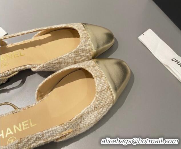 Unique Style Chanel Tweed & Metallic Leather Slingbacks Flat Beige/Gold 103056