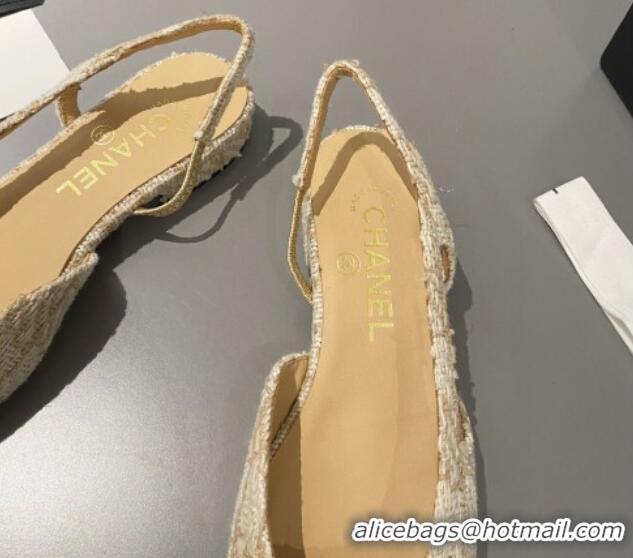 Unique Style Chanel Tweed & Metallic Leather Slingbacks Flat Beige/Gold 103056