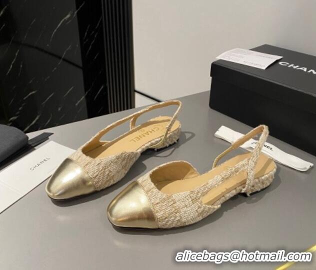 Unique Style Chanel Tweed & Metallic Leather Slingbacks Flat Beige/Gold 103056