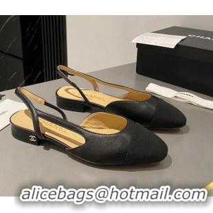 Popular Style Chanel Calfskin & Grosgrain Slingbacks Flat Black 103062