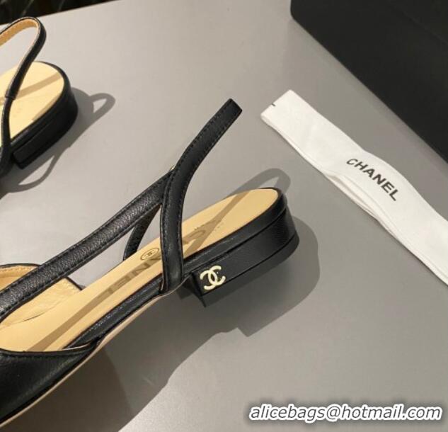 Popular Style Chanel Calfskin & Grosgrain Slingbacks Flat Black 103062