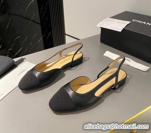 Popular Style Chanel Calfskin & Grosgrain Slingbacks Flat Black 103062