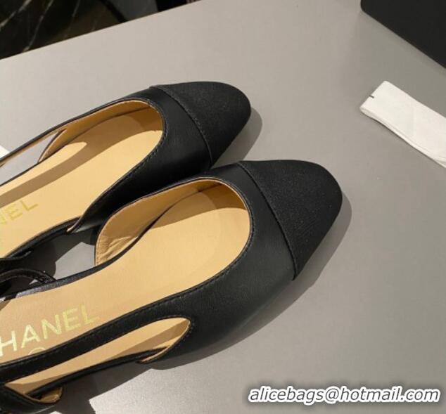 Popular Style Chanel Calfskin & Grosgrain Slingbacks Flat Black 103062