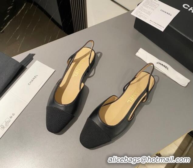 Popular Style Chanel Calfskin & Grosgrain Slingbacks Flat Black 103062