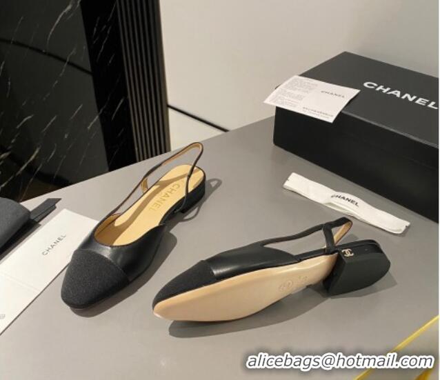 Popular Style Chanel Calfskin & Grosgrain Slingbacks Flat Black 103062