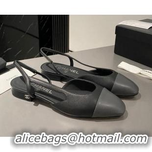 Good Quality Chanel Calfskin Leather Slingbacks Flat Black/Dark Grey 103063