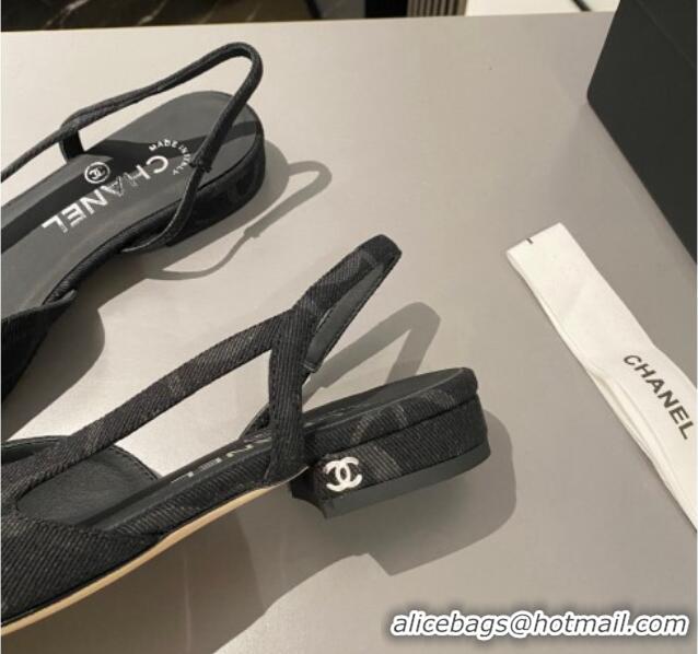 Good Quality Chanel Calfskin Leather Slingbacks Flat Black/Dark Grey 103063