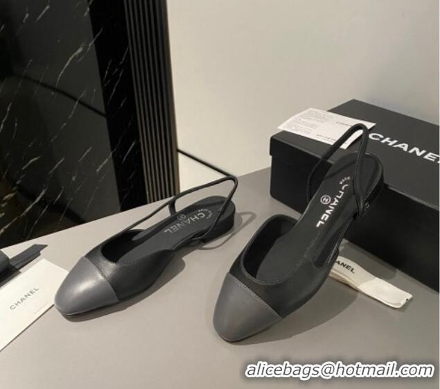 Good Quality Chanel Calfskin Leather Slingbacks Flat Black/Dark Grey 103063