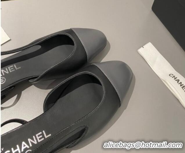 Good Quality Chanel Calfskin Leather Slingbacks Flat Black/Dark Grey 103063