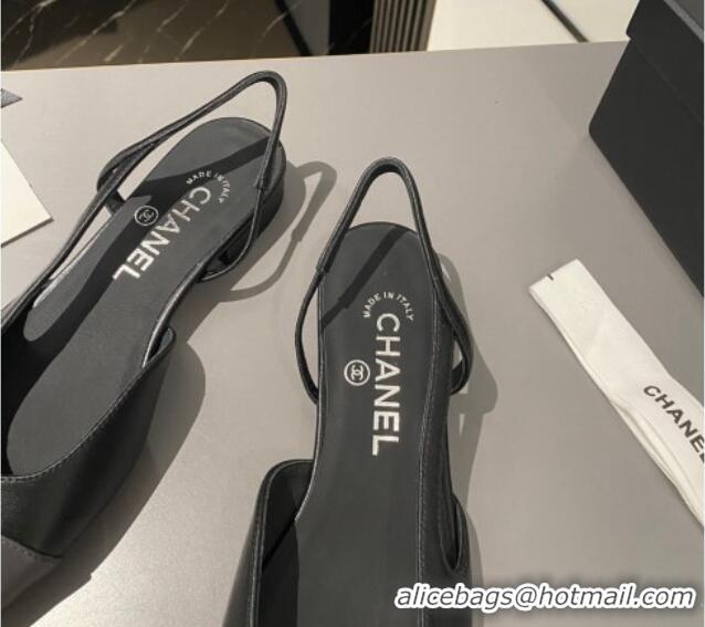 Good Quality Chanel Calfskin Leather Slingbacks Flat Black/Dark Grey 103063