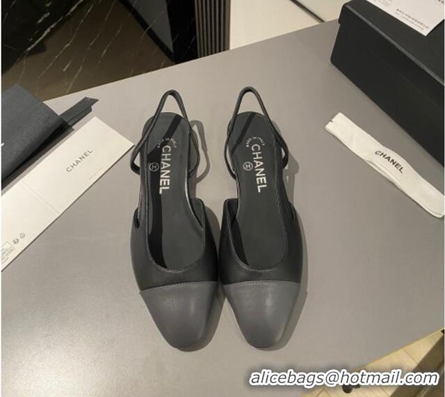 Good Quality Chanel Calfskin Leather Slingbacks Flat Black/Dark Grey 103063