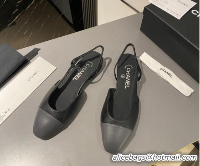 Good Quality Chanel Calfskin Leather Slingbacks Flat Black/Dark Grey 103063