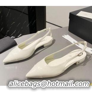 Luxurious Chanel Patent Calfskin Slingbacks Flat White 103065