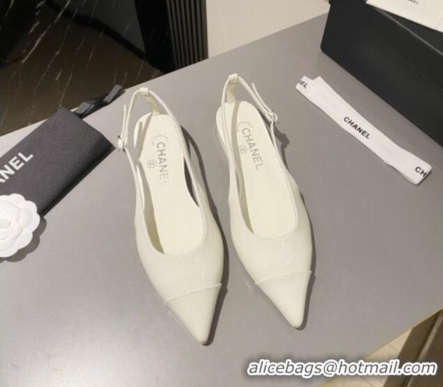 Luxurious Chanel Patent Calfskin Slingbacks Flat White 103065