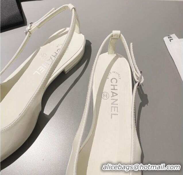 Luxurious Chanel Patent Calfskin Slingbacks Flat White 103065