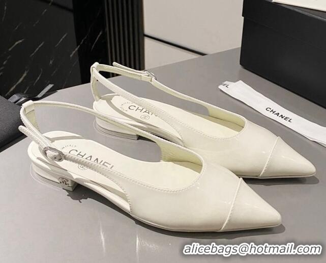 Luxurious Chanel Patent Calfskin Slingbacks Flat White 103065